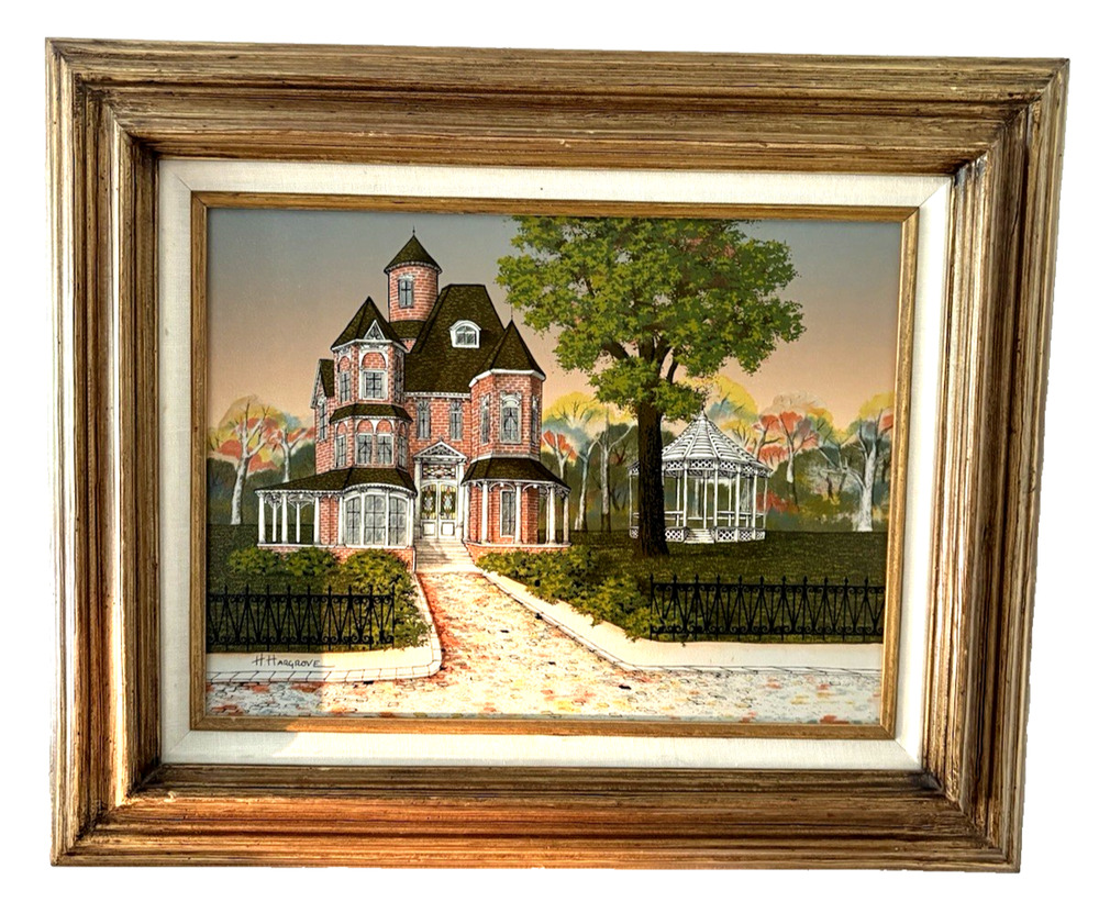 H. Hargrove Signed Serigraph Oil Painting Victorian House & Gazebo 23x18 Framed
